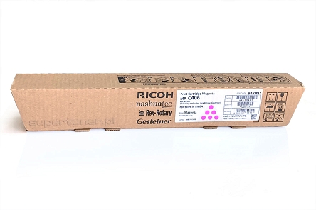 Oryginalny toner do drukarki Ricoh MP C306, Ricoh MP C306ZSP, Ricoh MP C306ZSPF,  Ricoh MP C307, Ricoh MP C307SP, Ricoh MP C307SPF, Ricoh MP C406, Ricoh MP C406ZSPF, Ricoh MP C407, Ricoh MP C407SPF Purpurowy / Magenta (842097) wydajność 6000 stron. 