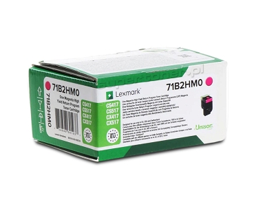 Oryginalny toner Lexmark 71B2HM0 do drukarek Lexmark CS417, Lexmark CS417dn, Lexmark CS517, Lexmark CS517de, Lexmark CX417, Lexmark CX417de, Lexmark CX517, Lexmark CX517de. Toner zwrotny magenta / czerwony o kodzie: 71B2HM0. Wydajność wynosi 3500 stron zgodnie z normą ISO/IEC 19798.