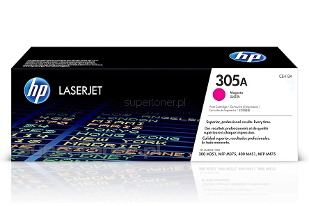 Oryginalny toner HP 305A CE413A do drukarek: HP Color LaserJet Pro 300 M351, HP Color LaserJet Pro 300 M351a (CE955A), HP LaserJet Pro 300 Color MFP M375, HP LaserJet Pro 300 Color MFP M375nw, HP LaserJet Pro 400 Color M451, HP LaserJet Pro 400 Color M451dn (CE957A), HP LaserJet Pro 400 Color M451dw, HP LaserJet Pro 400 Color M451nw, HP LaserJet Pro 400 color MFP M475, HP Color LaserJet Pro 400 MFP M475dn, HP Color LaserJet Pro 400 MFP M475dw Purpurowy / czerwony / Magenta (CE 413A, HP305A) 2600 stron.